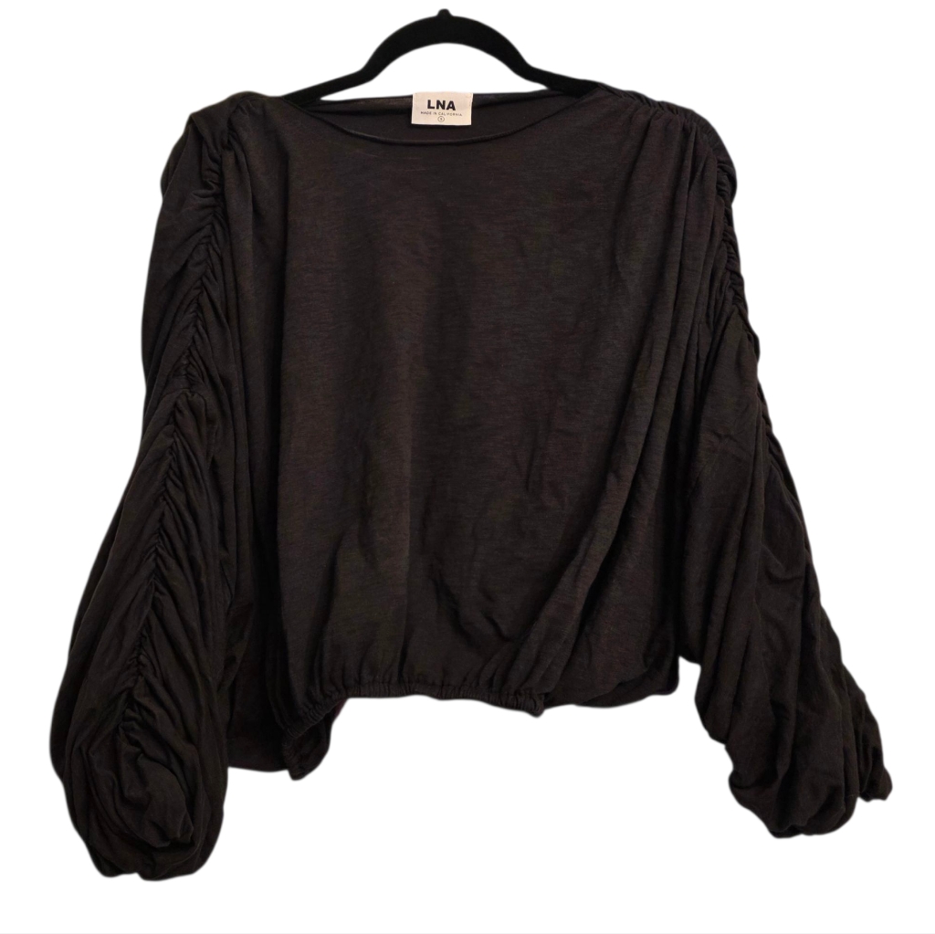 Lna Dark Grey Slouched Black Ruched Sleeve Blouse